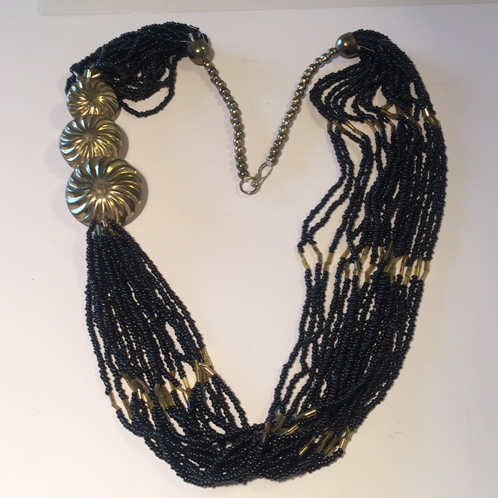 Vintage Black Beaded Necklace With Gold Accents